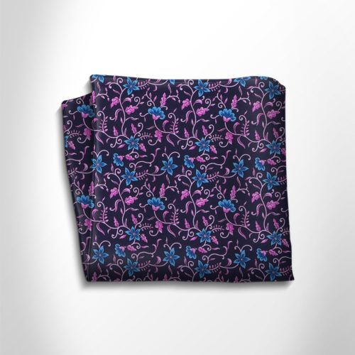 Blue and fuchsia floral patterned silk pocket square