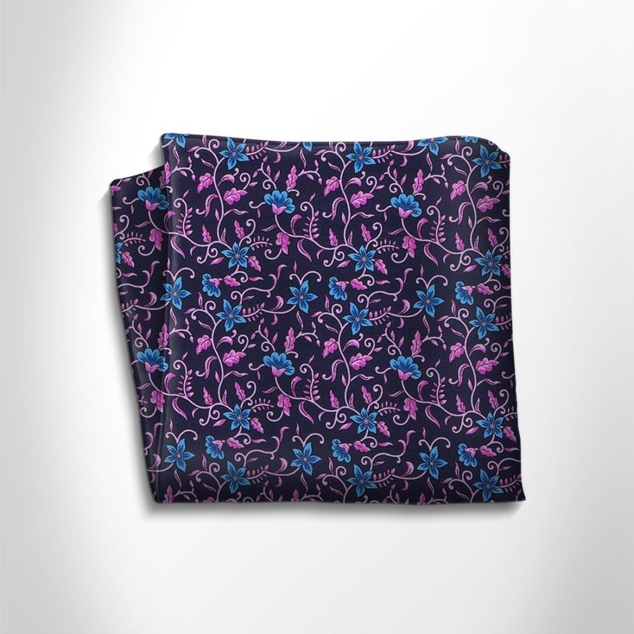 Blue and fuchsia floral patterned silk pocket square