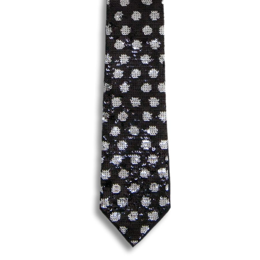 Black silk tie lined with silver sequins and black polka dots