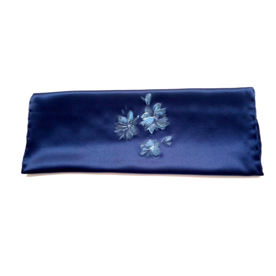 Hand painted blue silk sartorial pocket square, lion decoration