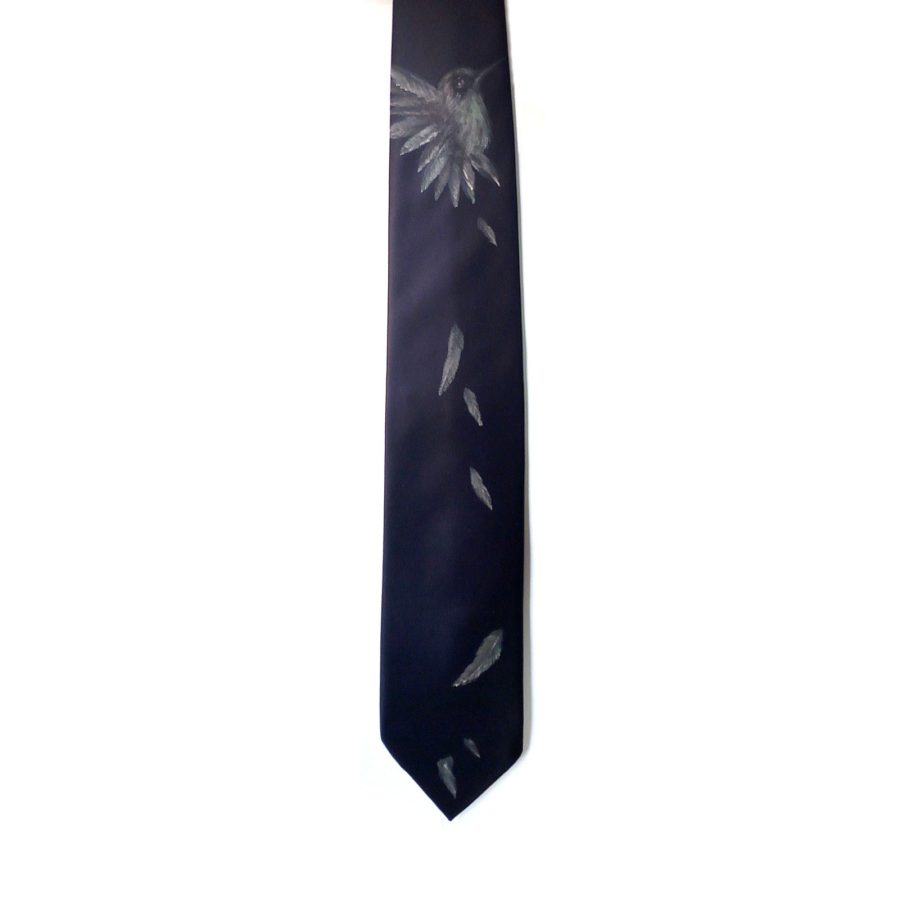 Hand painted black silk sartorial necktie, hummingbird decoration