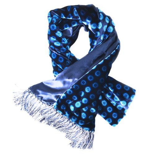 Blue and light blue double-sided velvet and silk sartorial fringed scarf 417317-2 + 18006-14