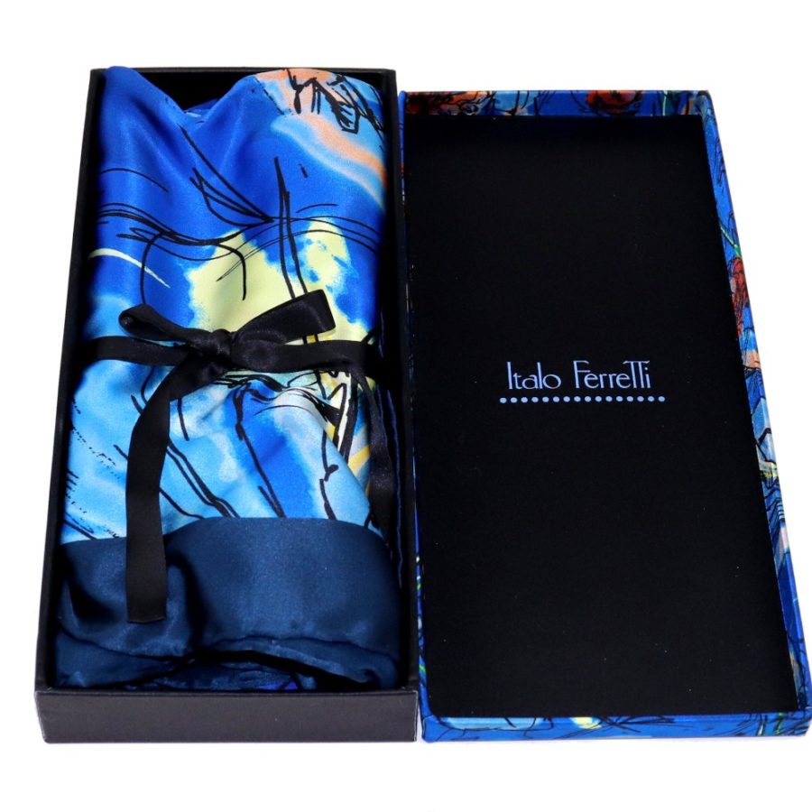 Light blue and dark blue women silk head scarf with fantasy, matching silk box included 419457-3
