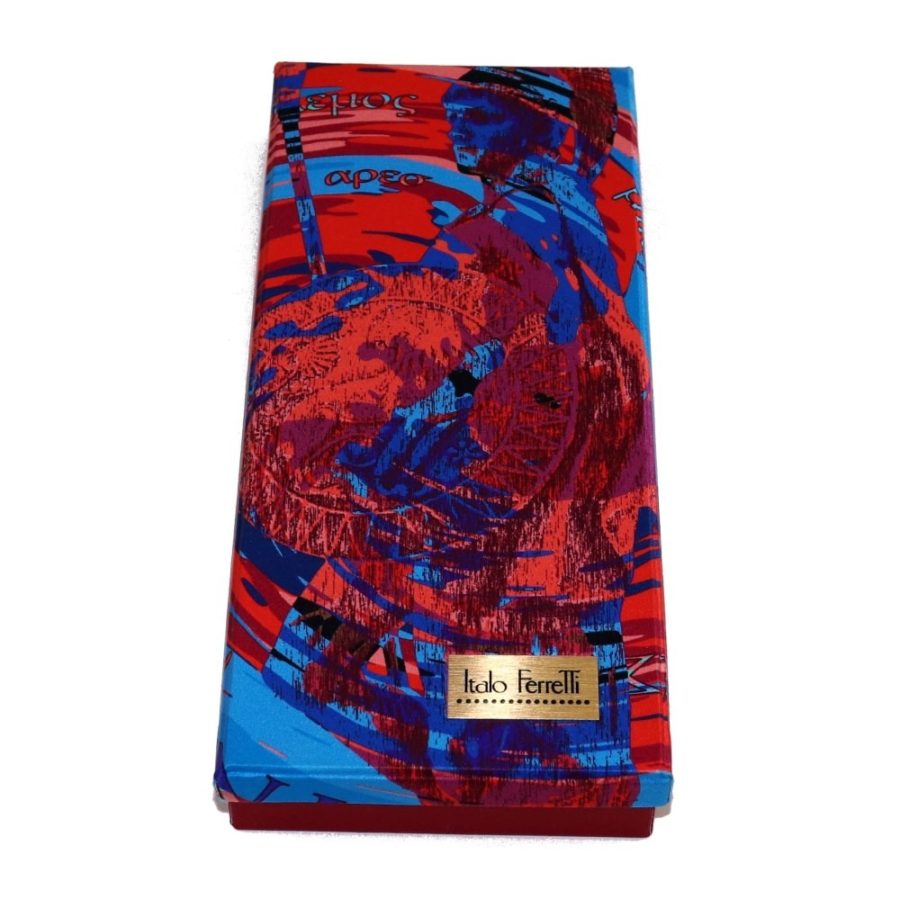 Women silk headscarf in red and blue with fantasy, matching silk box included 419421-3