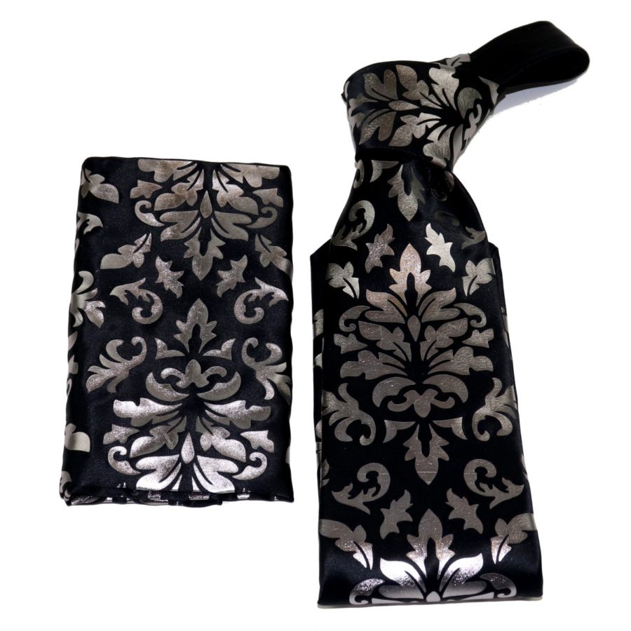 Black and metallic printed pattern sartorial silk Tie and Pocket square Set 18007-12 S059