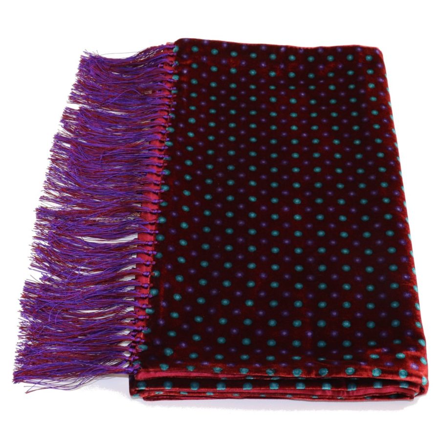Double-sided burgundy and blue velvet and silk sartorial fringed scarf 419356-03 18006-X