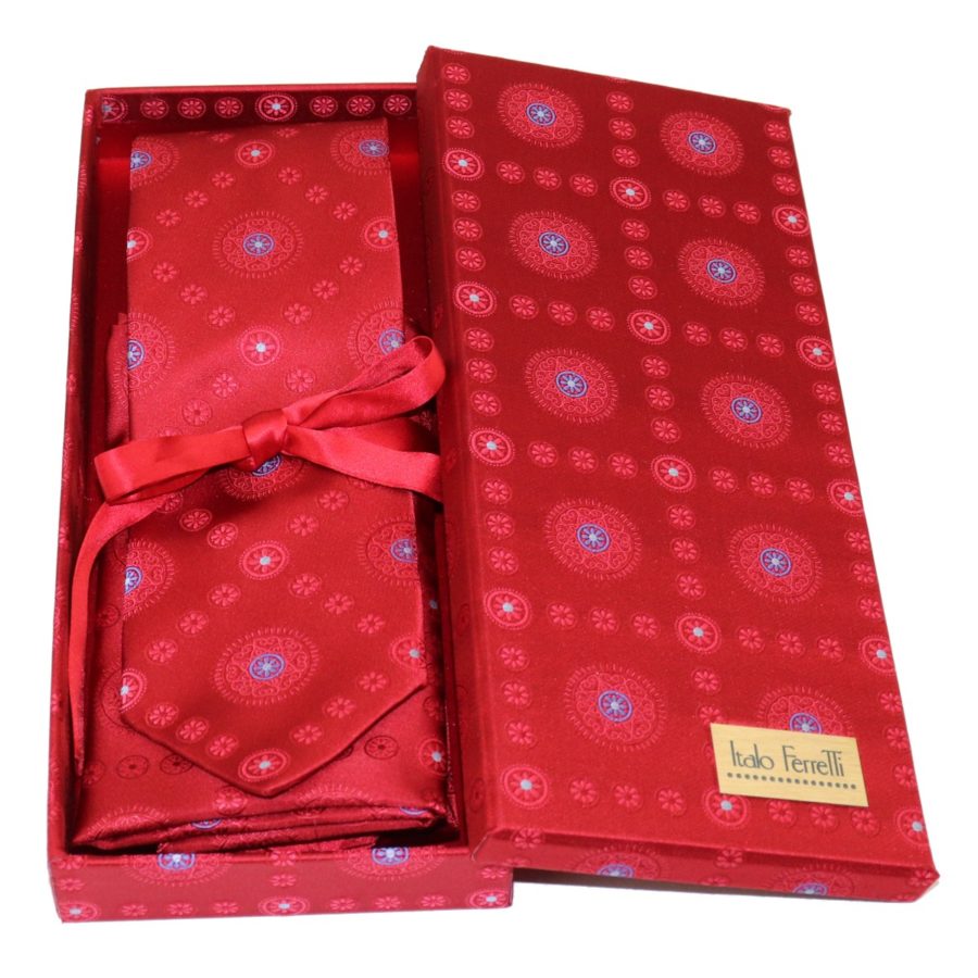 Red sartorial silk tie and pocket square set, matching silk box included 414550-02