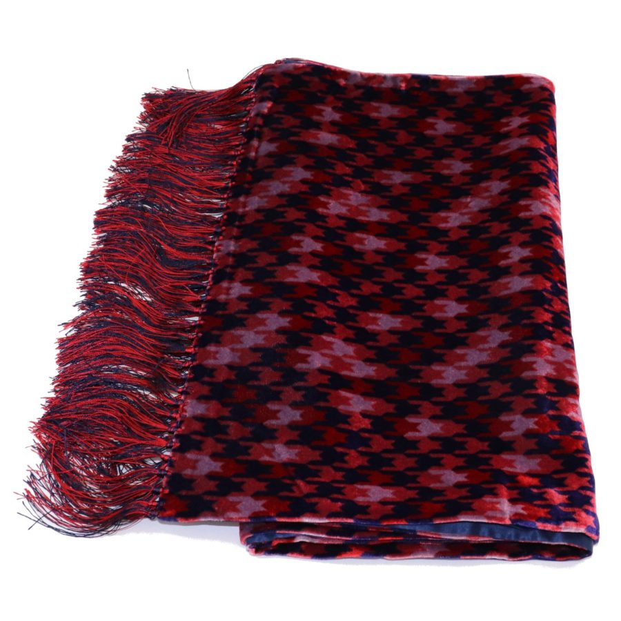 Double-sided burgundy and blue velvet and silk sartorial fringed scarf 419356-03 18006-X