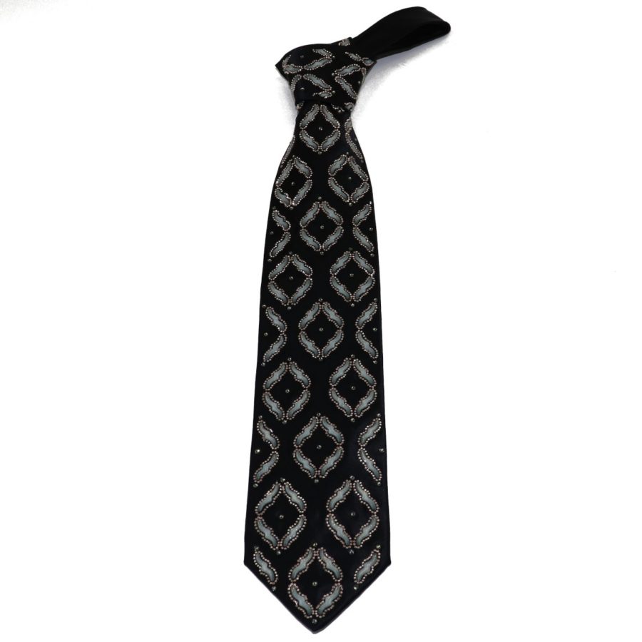 Black silk luxury tie with amber Swarovski crystals and glossy beads S060 T003