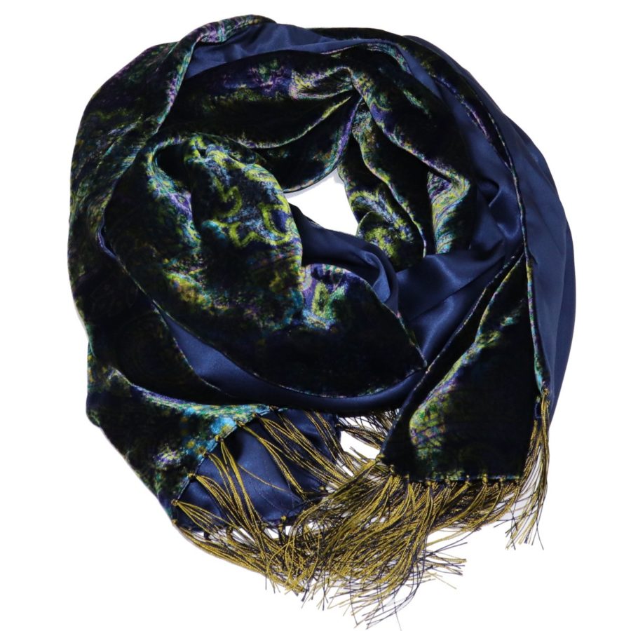 Double sided blue velvet and silk scarf 417219-02 18006-14