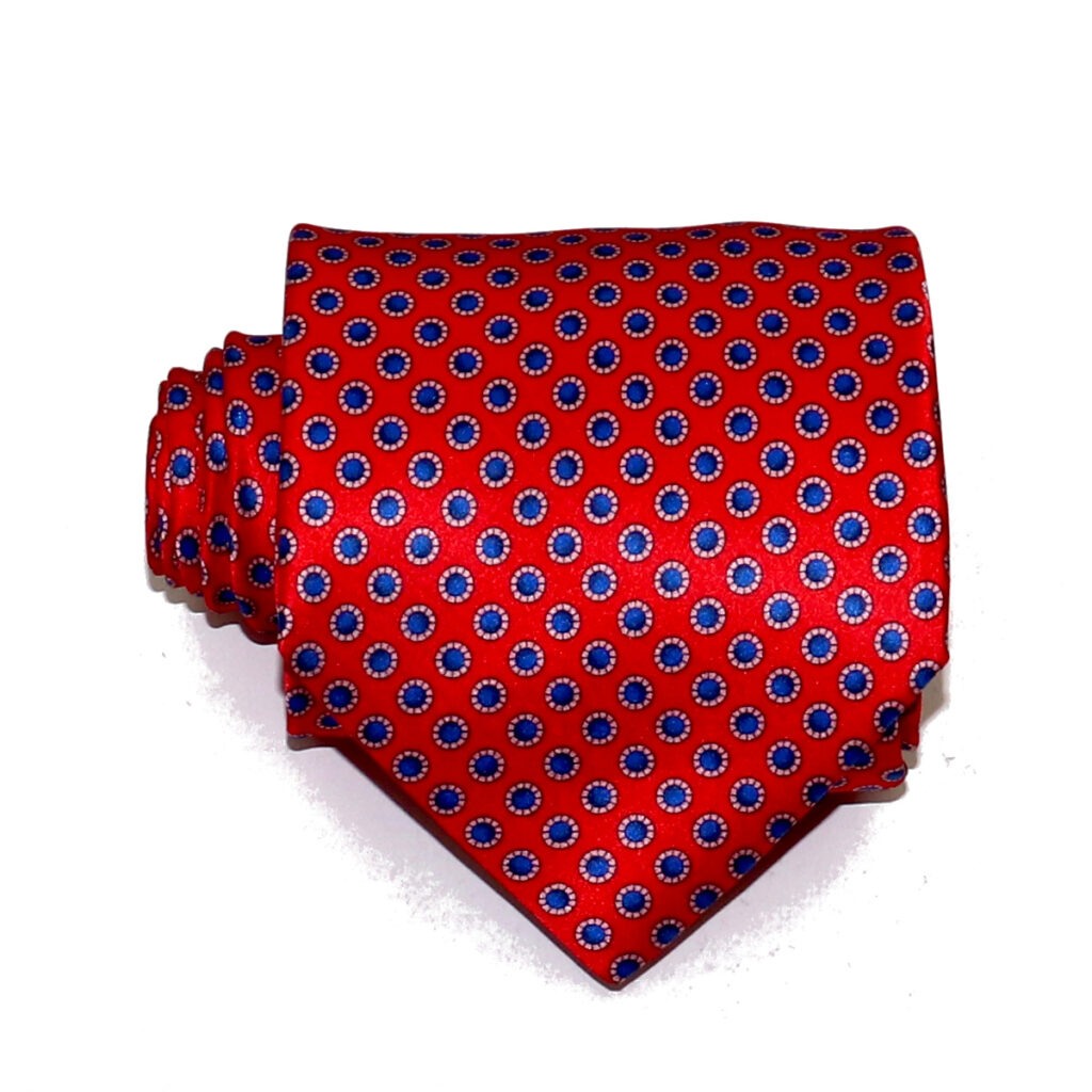 Sartorial luxury red tie with blue polka dots pattern, handmade in ...