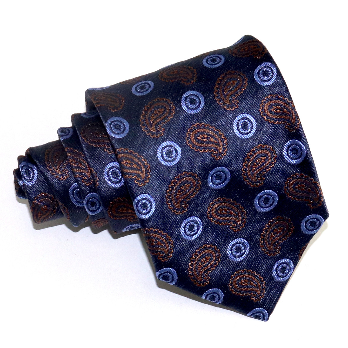 Polished navy blue woven silk tie, brown and light blue paisley pattern ...