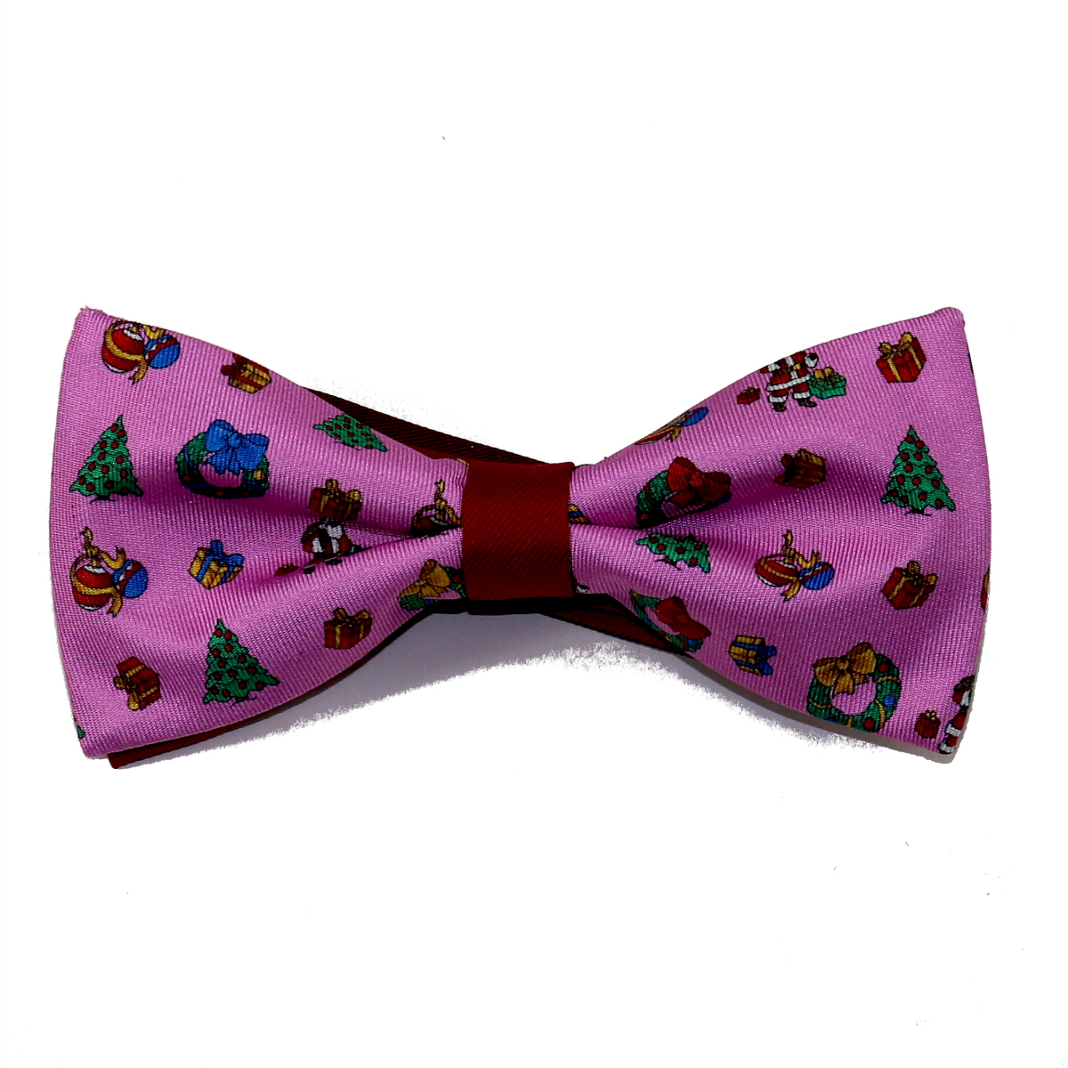 Sartorial pink twill silk bow tie with multicolored Christmas