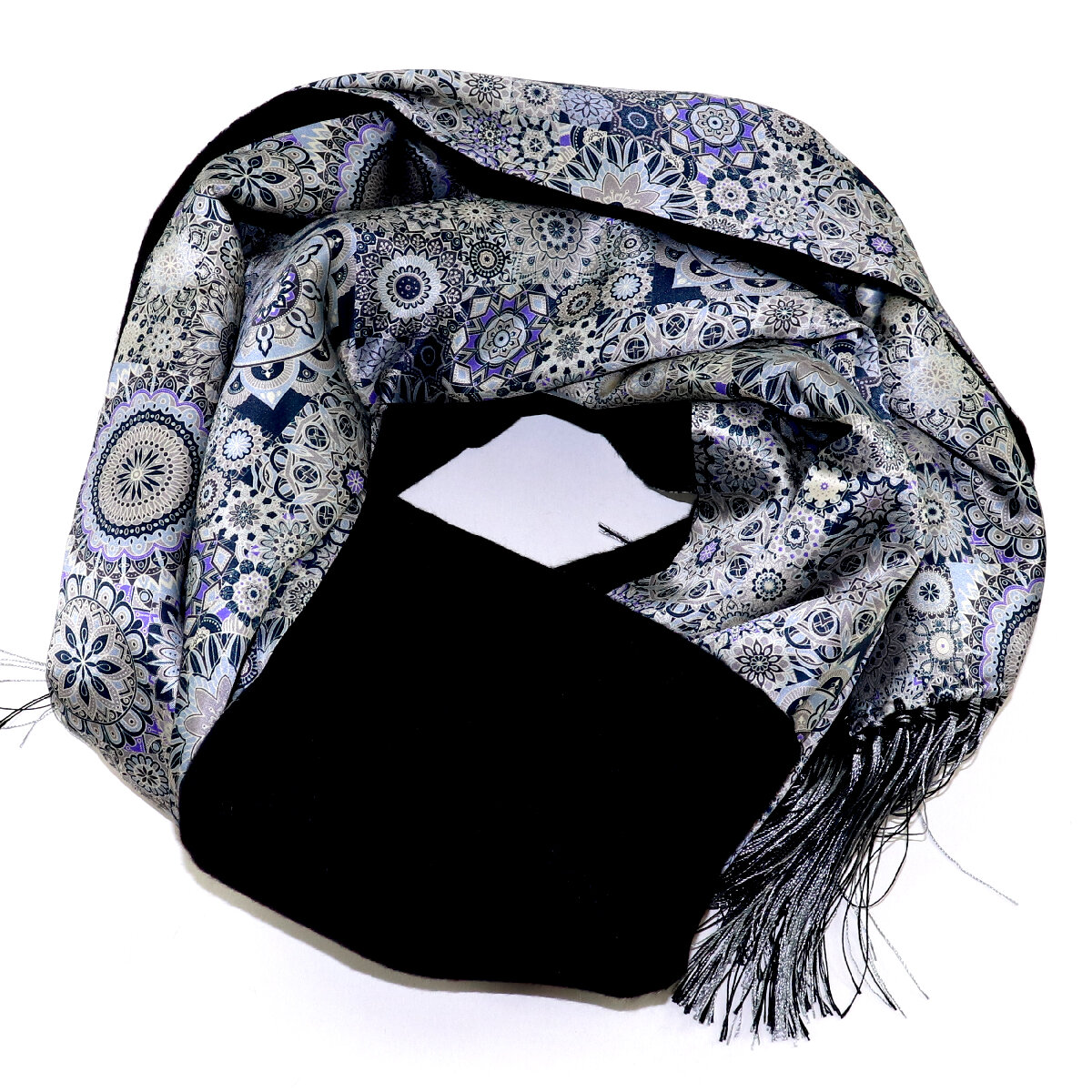 Double Sided Cashmere and Silk Scarf, Silver Gray and Black Print, Handmade in Italy