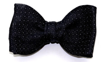 Elegant sartorial silk bow tie, black lurex workings, self-tie effect style, handmade in Italy