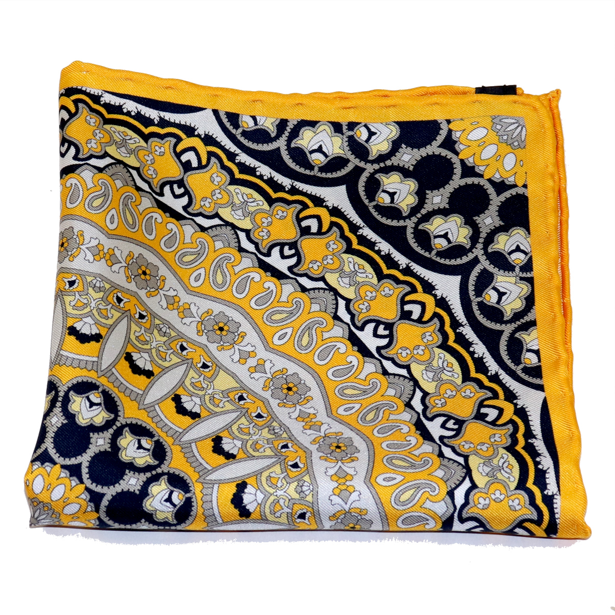 Pocket Square Hanky Silver Yellow Blue White Patterned Silk Handkerchief 