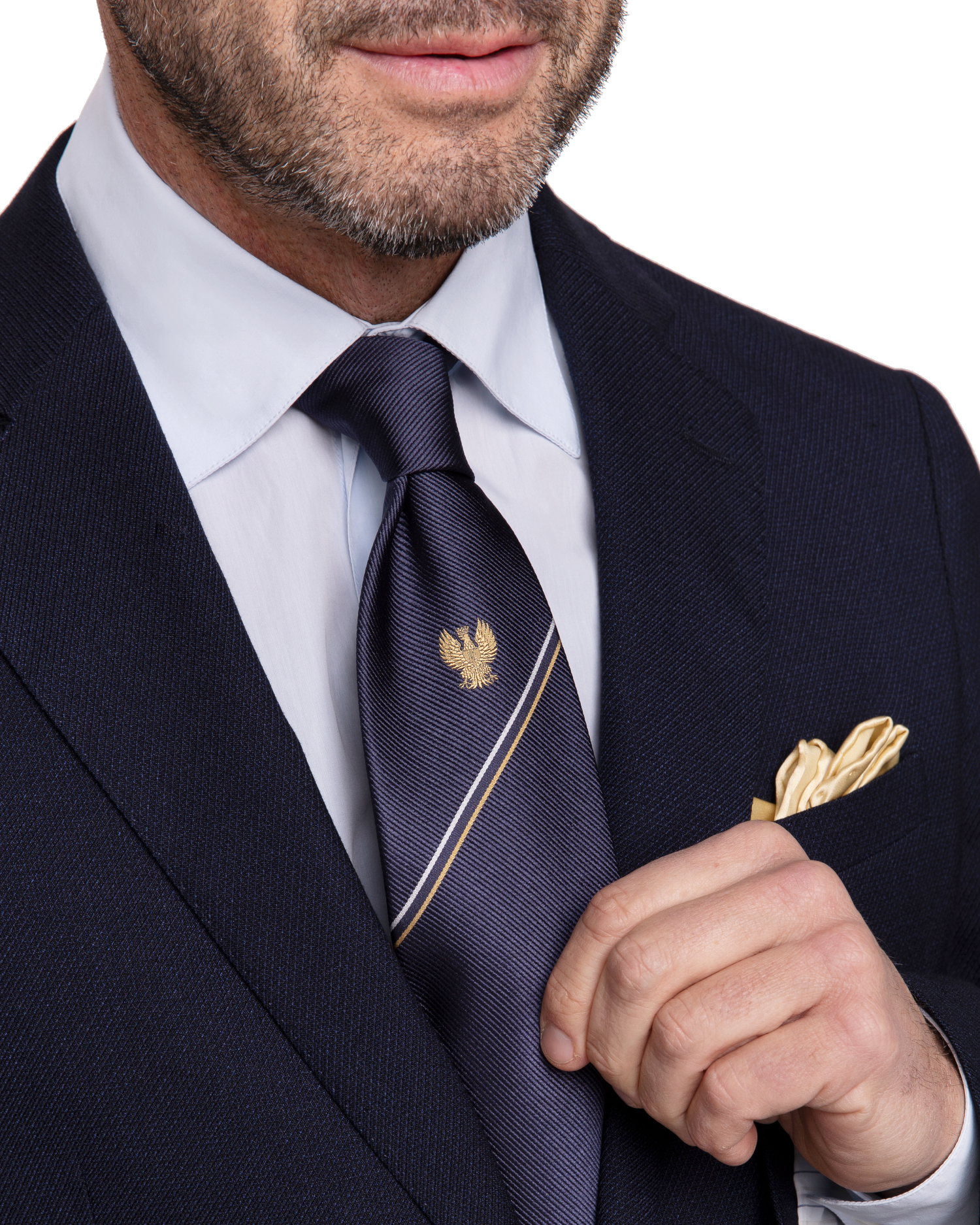 Raffinierte handgefertigte Krawatte aus 100 % Seide, blauer Hintergrund und  goldenes Adleremblem am Knoten - Italo Ferretti handgemachte Luxus Krawatten