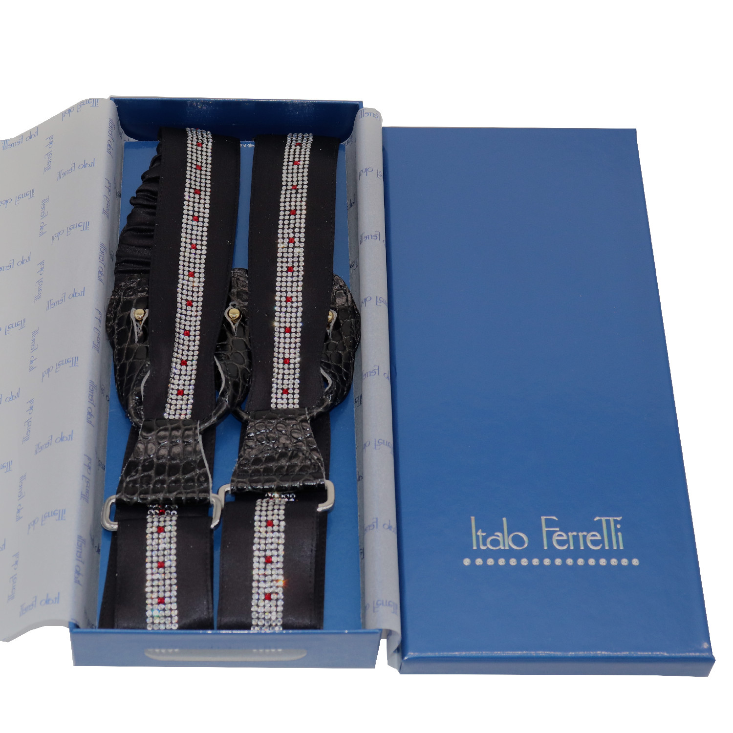 Silk adjustable suspenders, with Swarovski crystals application, leather  details, handmade in Italy - Italo Ferretti Luxury Store
