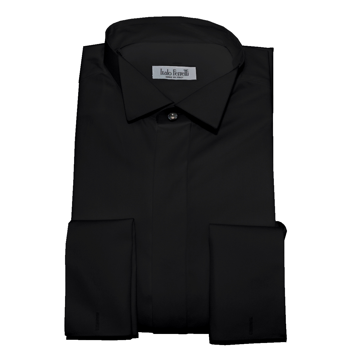 Camicia nera da smoking, realizzata su misura, 100% cotone, bottone  Swarovski - Italo Ferretti Luxury Store